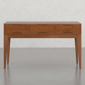 English Elm Alderglen Mid-Century Teak Console Table with Tapered Legs and Three Storage Drawers B2732P605427