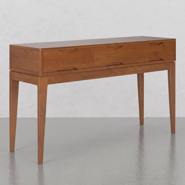 English Elm Alderglen Mid-Century Teak Console Table with Tapered Legs and Three Storage Drawers B2732P605427