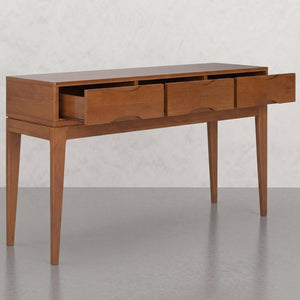 English Elm Alderglen Mid-Century Teak Console Table with Tapered Legs and Three Storage Drawers B2732P605427