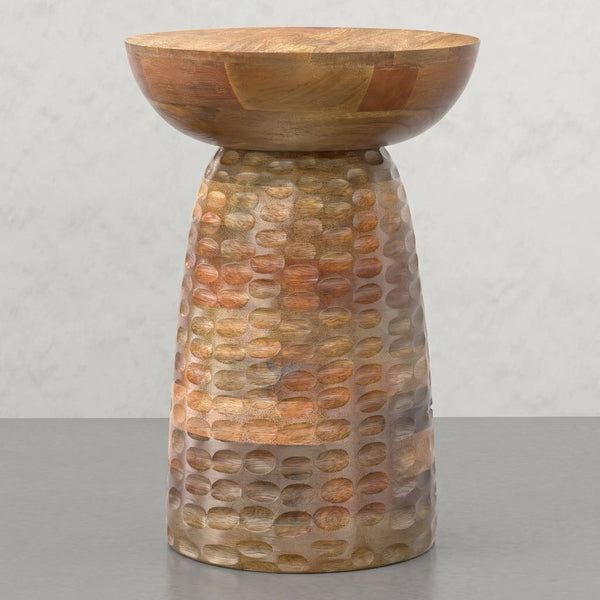 English Elm Elmford Solid Mango Wood Round Accent Table with Hand-Carved Dimple Pedestal Base Natural B2732P605428