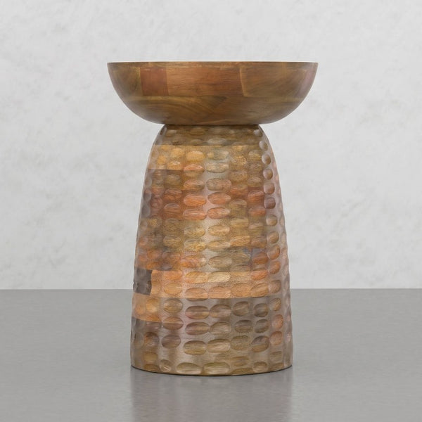 English Elm Elmford Solid Mango Wood Round Accent Table with Hand-Carved Dimple Pedestal Base Natural B2732P605428