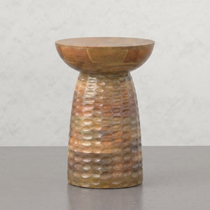 English Elm Elmford Solid Mango Wood Round Accent Table with Hand-Carved Dimple Pedestal Base Natural B2732P605428