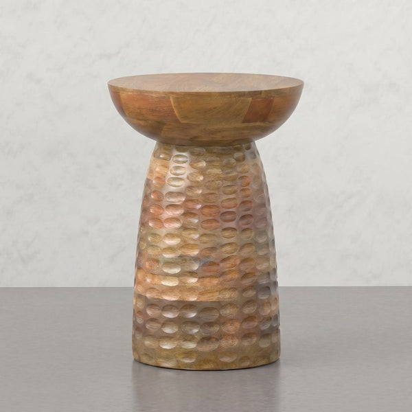 English Elm Elmford Solid Mango Wood Round Accent Table with Hand-Carved Dimple Pedestal Base Natural B2732P605428