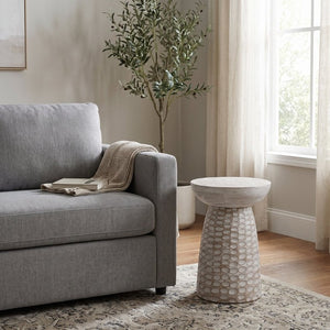 English Elm Elmford Solid Mango Wood Round Accent Table with Hand-Carved Dimple Pedestal Base White B2732P605429