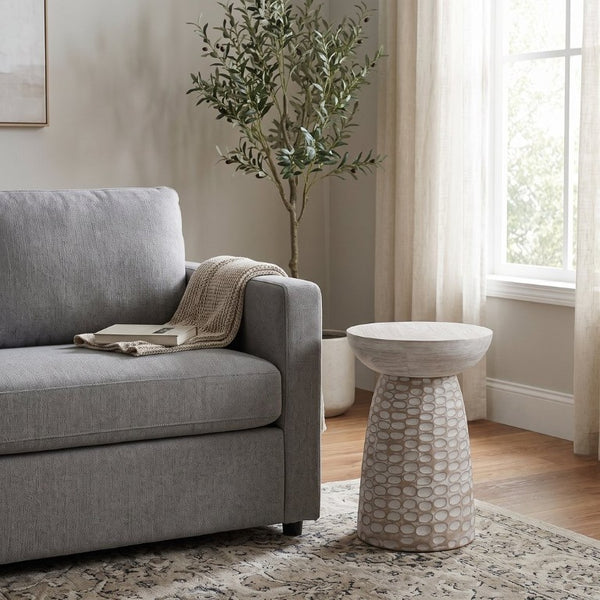 English Elm Elmford Solid Mango Wood Round Accent Table with Hand-Carved Dimple Pedestal Base White B2732P605429