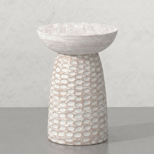 English Elm Elmford Solid Mango Wood Round Accent Table with Hand-Carved Dimple Pedestal Base White B2732P605429