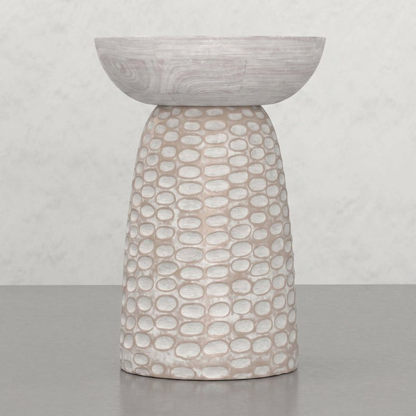English Elm Elmford Solid Mango Wood Round Accent Table with Hand-Carved Dimple Pedestal Base White B2732P605429