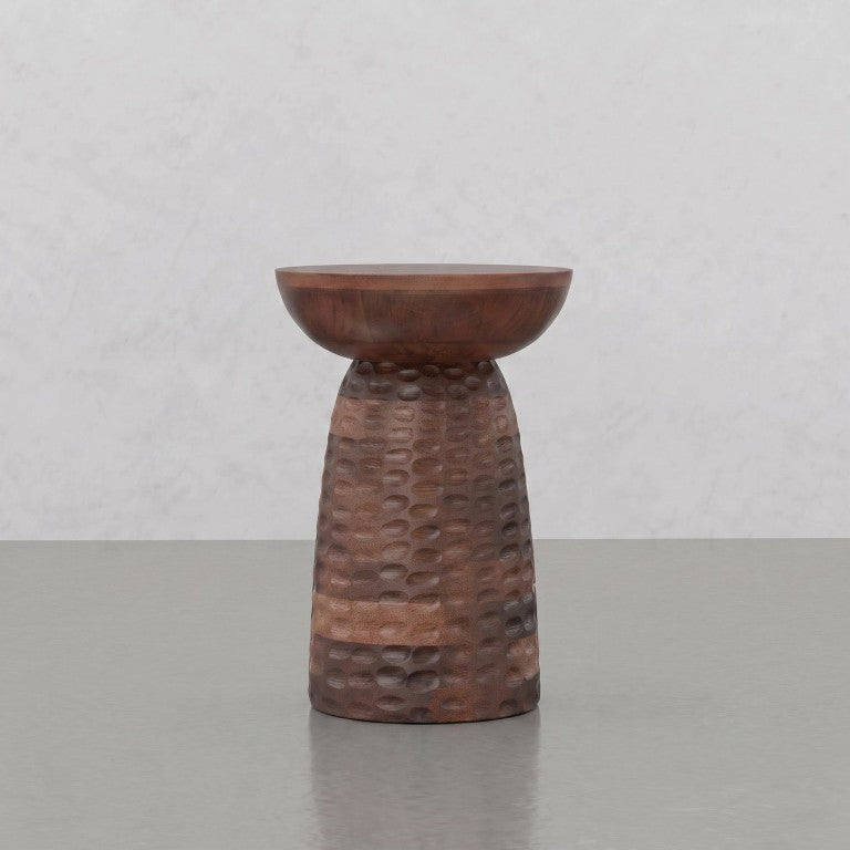 English Elm Elmford Solid Mango Wood Round Accent Table with Hand-Carved Dimple Pedestal Base Brown B2732P605430