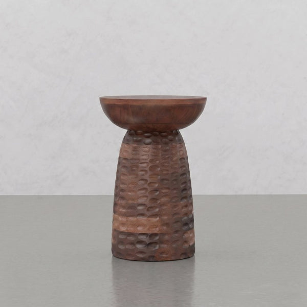 English Elm Elmford Solid Mango Wood Round Accent Table with Hand-Carved Dimple Pedestal Base Brown B2732P605430