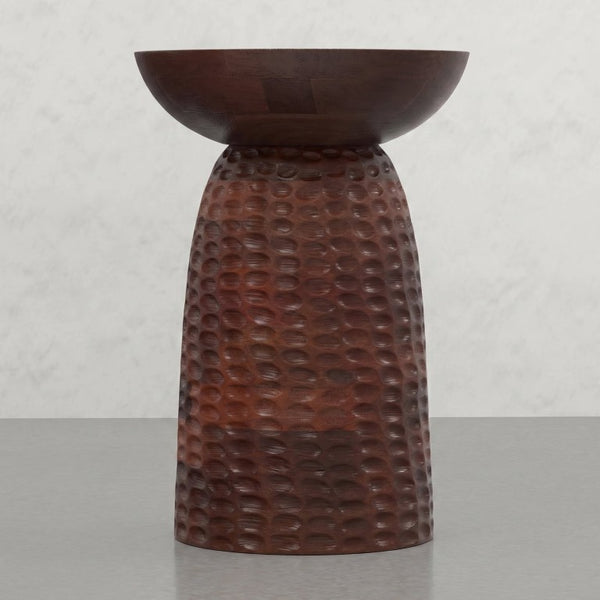 English Elm Elmford Solid Mango Wood Round Accent Table with Hand-Carved Dimple Pedestal Base Brown B2732P605430