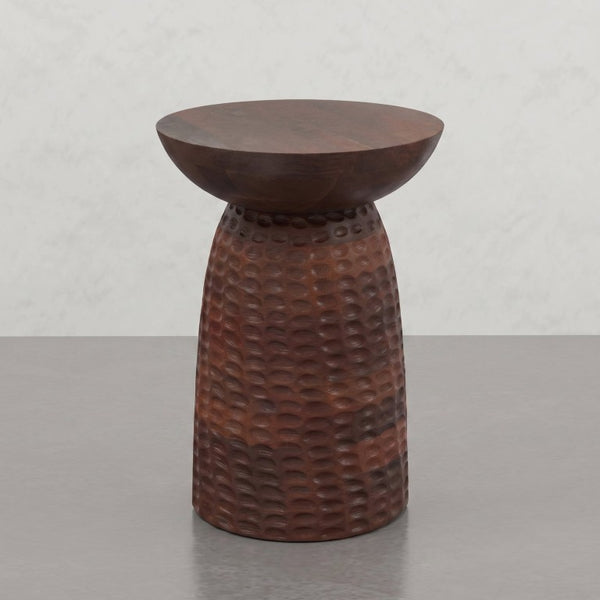 English Elm Elmford Solid Mango Wood Round Accent Table with Hand-Carved Dimple Pedestal Base Brown B2732P605430