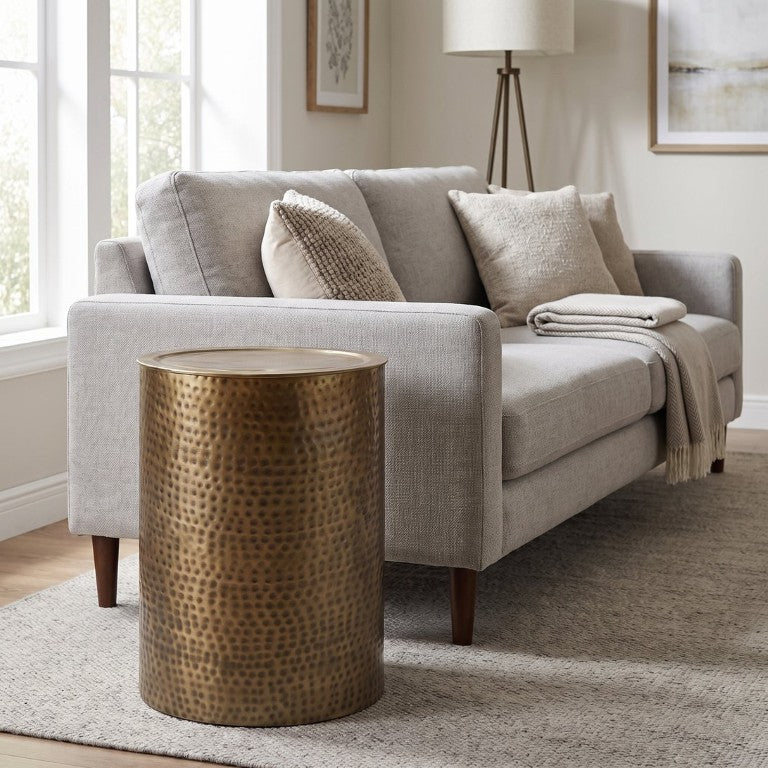 English Elm Birchridge Hammered Gold Drum Side Table Solid Metal Cylinder for Living Room or Bedroom B2732P605431