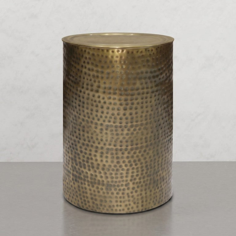 English Elm Birchridge Hammered Gold Drum Side Table Solid Metal Cylinder for Living Room or Bedroom B2732P605431