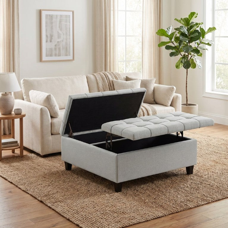 English Elm Redmont Square Tufted Lift Top Storage Ottoman in Stone Grey Linen for Living Rooms B2732P605434