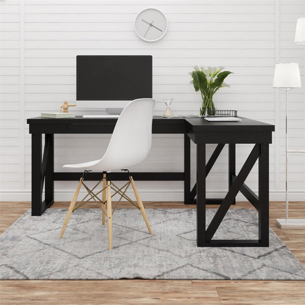 English Elm Crestwood L Shaped Lift Top Standing Desk with Drawer in Matte Black Mdf Finish B2733S00017