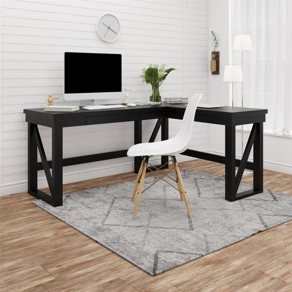 English Elm Crestwood L Shaped Lift Top Standing Desk with Drawer in Matte Black Mdf Finish B2733S00017