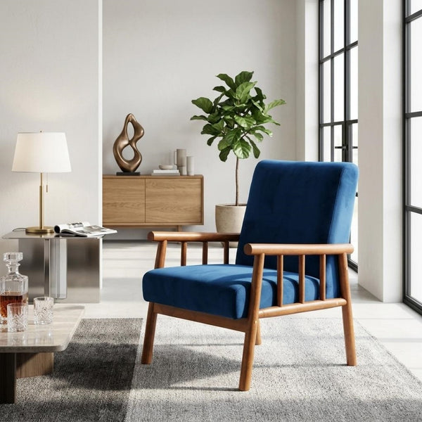 English Elm 25'' Mid-century Modern Velvet Accent Chair with Tapered Legs for Living Room Dark Blue B2735P506919