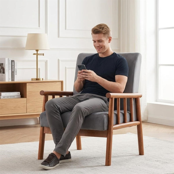 English Elm 25'' Mid-century Modern Velvet Accent Chair with Tapered Legs for Living Room Grey B2735P506920