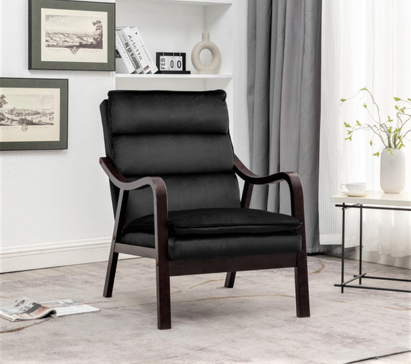 English Elm Mid-century Modern Accent Chair Velvet Upholstered Espresso Wood Frame for Living Room Black B2735P507019