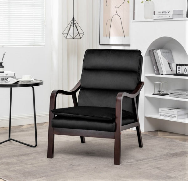 English Elm Mid-century Modern Accent Chair Velvet Upholstered Espresso Wood Frame for Living Room Black B2735P507019