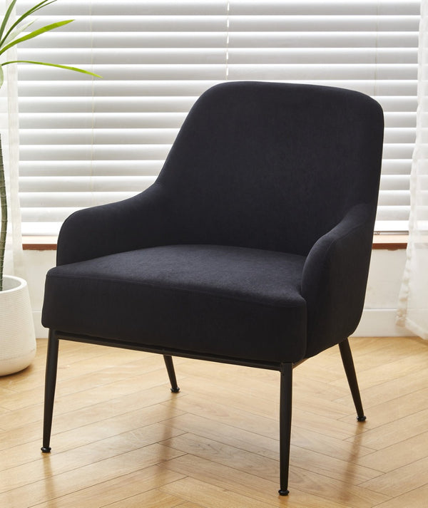 English Elm Black Velvet Accent Chair Wide Back Foam Seat Matte Metal Legs for Modern Spaces B2735P507337