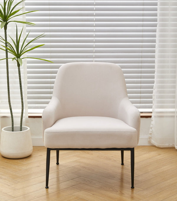 English Elm Beige Velvet Accent Chair Wide Back Foam Cushion Black Metal Legs Modern Living Room B2735P507342