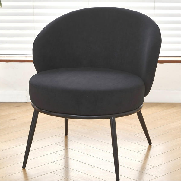 English Elm Round Velvet Barrel Accent Chair Mid Century Silhouette with Sleek Metal Legs for Any Room Black B2735P507571