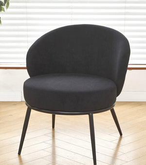 English Elm Round Velvet Barrel Accent Chair Mid Century Silhouette with Sleek Metal Legs for Any Room Black B2735P507571