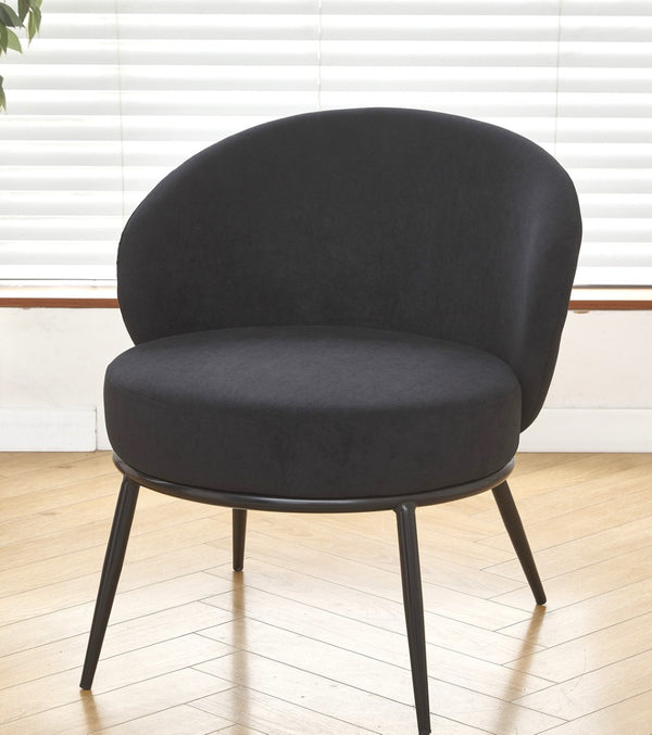 English Elm Round Velvet Barrel Accent Chair Mid Century Silhouette with Sleek Metal Legs for Any Room Black B2735P507571