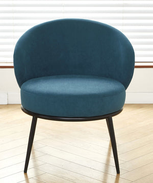 English Elm Round Velvet Barrel Accent Chair Mid Century Silhouette with Sleek Metal Legs for Any Room Blue B2735P507575