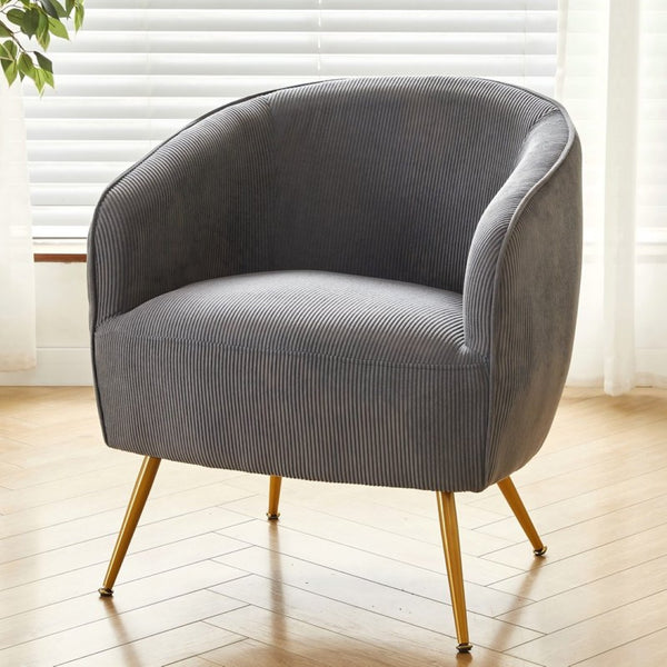 English Elm Corduroy Barrel Armchair with Gold Legs Channel Tufted Upholstery for Living Room B2735P508388