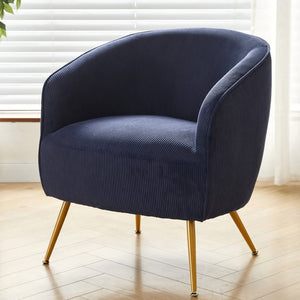 English Elm Corduroy Barrel Armchair with Gold Legs Channel Tufted Upholstery for Living Room Blue B2735P508389