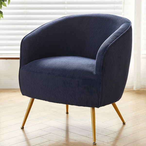 English Elm Corduroy Barrel Armchair with Gold Legs Channel Tufted Upholstery for Living Room Blue B2735P508389