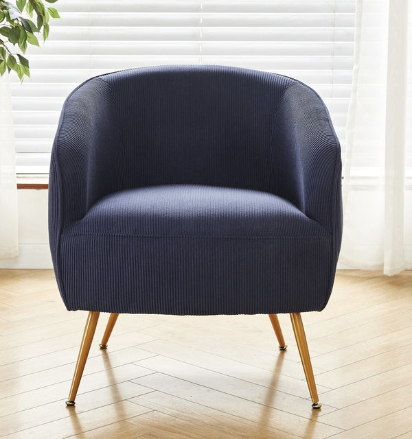 English Elm Corduroy Barrel Armchair with Gold Legs Channel Tufted Upholstery for Living Room Blue B2735P508389