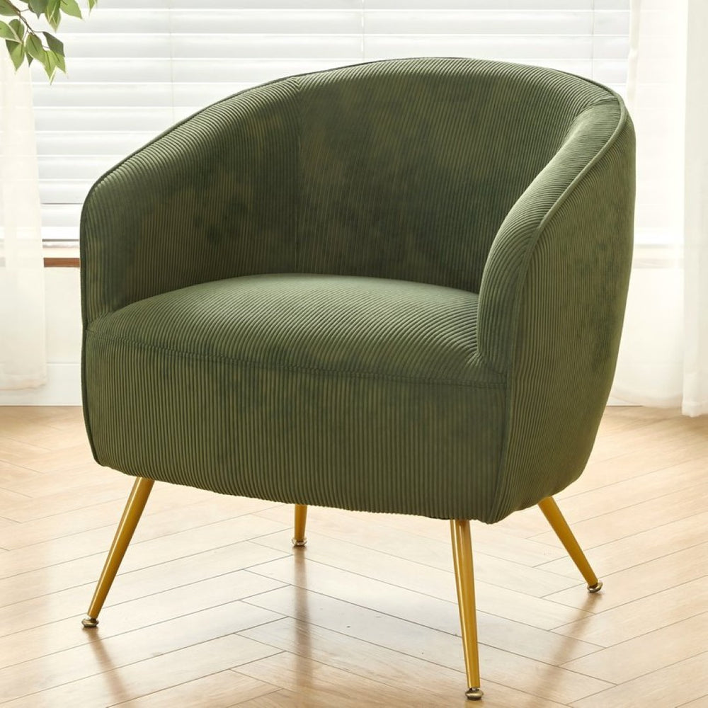 English Elm Corduroy Barrel Armchair with Gold Legs Channel Tufted Upholstery for Living Room Green B2735P508390