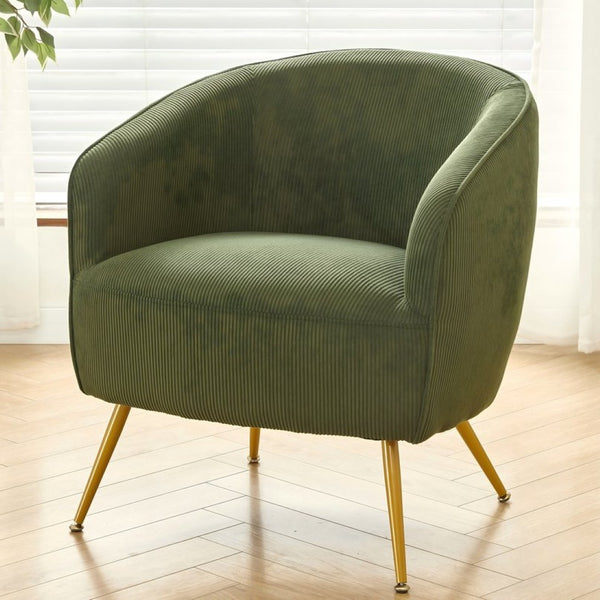 English Elm Corduroy Barrel Armchair with Gold Legs Channel Tufted Upholstery for Living Room Green B2735P508390