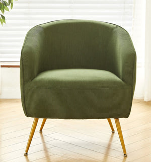 English Elm Corduroy Barrel Armchair with Gold Legs Channel Tufted Upholstery for Living Room Green B2735P508390