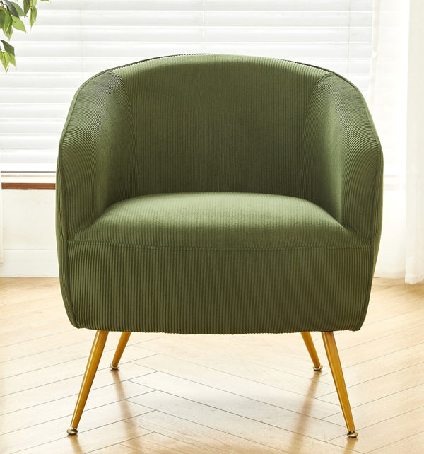 English Elm Corduroy Barrel Armchair with Gold Legs Channel Tufted Upholstery for Living Room Green B2735P508390