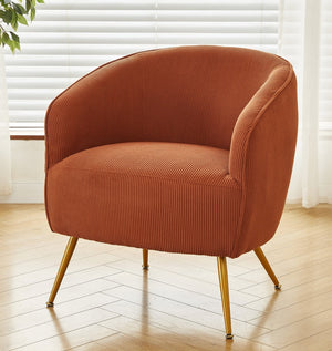 English Elm Corduroy Barrel Armchair with Gold Legs Channel Tufted Upholstery for Living Room Brown B2735P508391