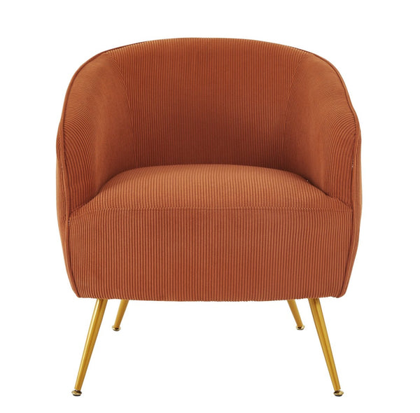 English Elm Corduroy Barrel Armchair with Gold Legs Channel Tufted Upholstery for Living Room Brown B2735P508391