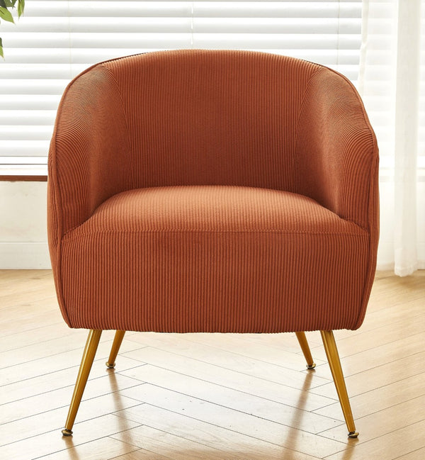English Elm Corduroy Barrel Armchair with Gold Legs Channel Tufted Upholstery for Living Room Brown B2735P508391