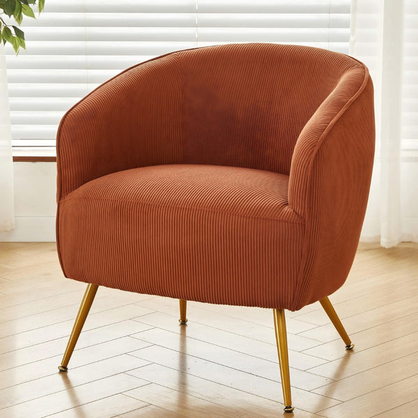 English Elm Corduroy Barrel Armchair with Gold Legs Channel Tufted Upholstery for Living Room Brown B2735P508391