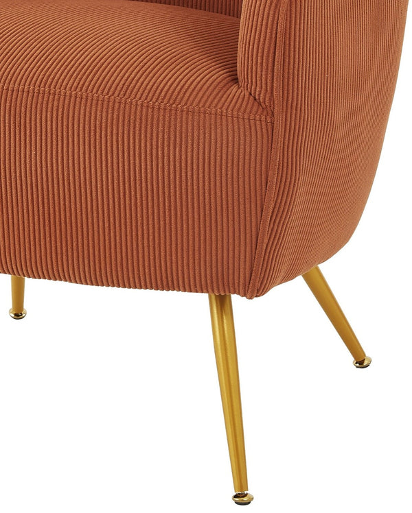 English Elm Corduroy Barrel Armchair with Gold Legs Channel Tufted Upholstery for Living Room Brown B2735P508391