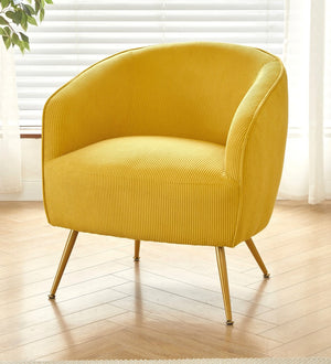 English Elm Corduroy Barrel Armchair with Gold Legs Channel Tufted Upholstery for Living Room Yellow B2735P508392