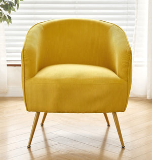 English Elm Corduroy Barrel Armchair with Gold Legs Channel Tufted Upholstery for Living Room Yellow B2735P508392