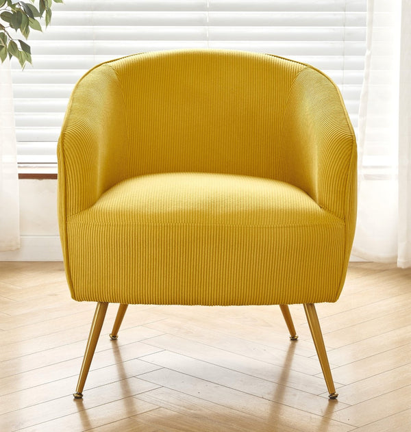English Elm Corduroy Barrel Armchair with Gold Legs Channel Tufted Upholstery for Living Room Yellow B2735P508392
