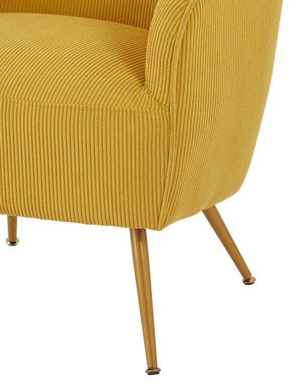 English Elm Corduroy Barrel Armchair with Gold Legs Channel Tufted Upholstery for Living Room Yellow B2735P508392