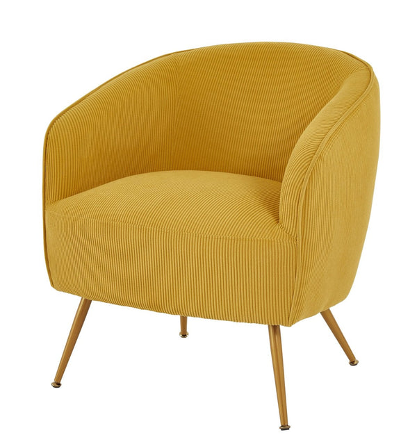 English Elm Corduroy Barrel Armchair with Gold Legs Channel Tufted Upholstery for Living Room Yellow B2735P508392