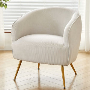 English Elm Corduroy Barrel Armchair with Gold Legs Channel Tufted Upholstery for Living Room Beige B2735P508393
