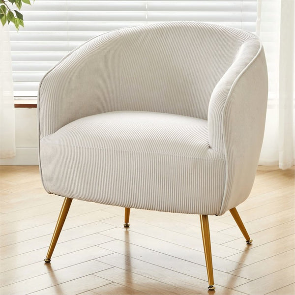 English Elm Corduroy Barrel Armchair with Gold Legs Channel Tufted Upholstery for Living Room Beige B2735P508393